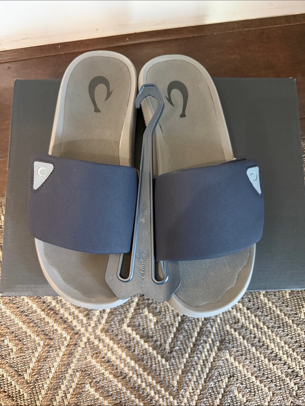 OluKai Navy and Gray Men's Slide Sandals